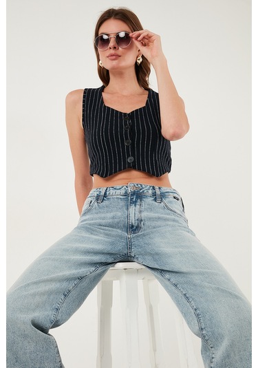 Lela Slim Fit Kalp Yaka Düğmeli Kalın Askılı Crop Bayan Yelek 5865497 Lacivert Çizgili