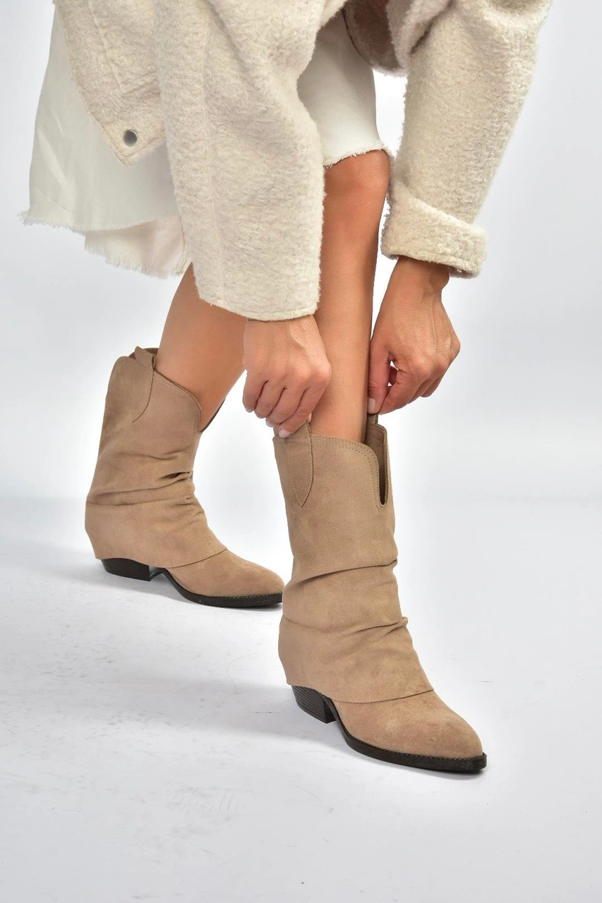 V404041002 Vizon Süet Kalın Topuklu Kadın Bot Vizon-Süet