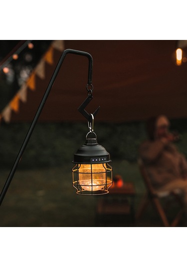 Shineyee Siyah Demir Cam Kapağı Kamp Lambası - Ipx4 Su Geçirmez, 3 Seviye Parlaklık, İç Li-pil Ve Kanca İle Taşınabilir Açık Hava Feneri Siyah