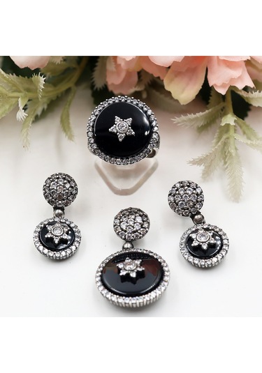 Zirkon Taşlı Oniks Taş Üzerinde Yıldız Set Rose Gold - Gümüş