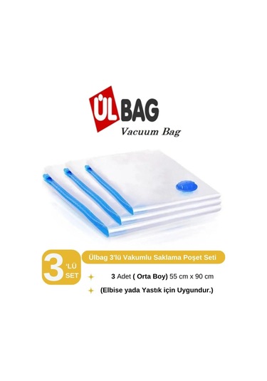 3 Adet Vakumlu Poşet Seti 55 Cm X 90 Cm Orta Boy Yastık, Elbise Vakumlu Hurç Şeffaf