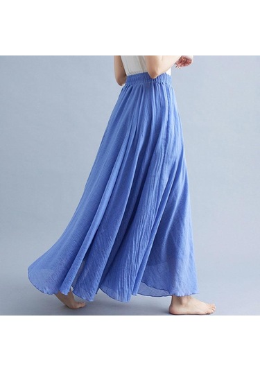 Yaz Sonbahar Kadın Etek Edebi Büyük Boy Pamuk Keten Yarım Etek Elastik Bel Keten A-line Etek Uzun Bölüm Saf Renk Rüzgar Salıncak Etek Kraliyet Moru