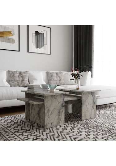 Olive 3'lü Orta Zigon Sehpa Takımı Frezya Mermer Desenli Mermer Desenli