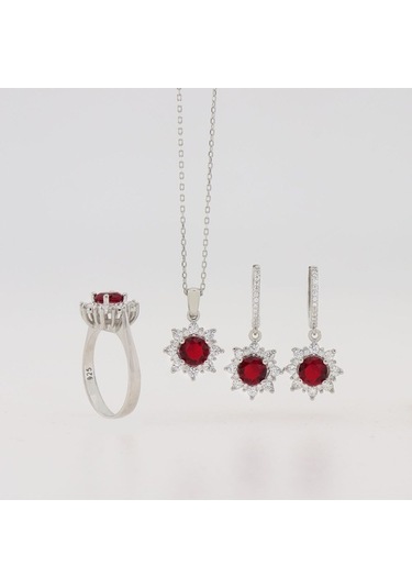 925 Ayar Gümüş Yuvarlak Kırmızı Taşlı Anturaj Set