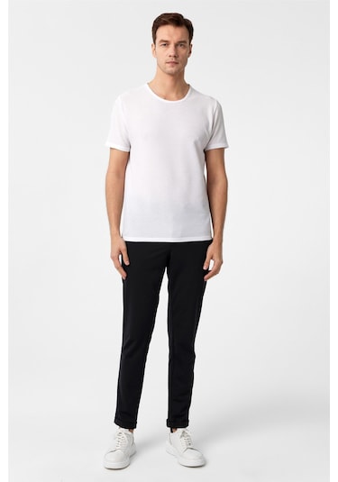 Beyaz Slim Fit Armürlü Bisiklet Yaka Tişört-37259 Beyaz