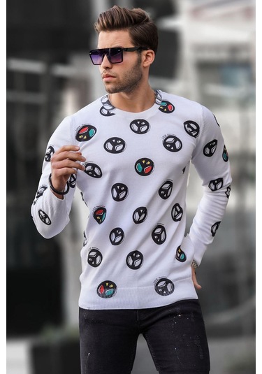 Madmext Beyaz Bisiklet Yaka Baskılı Sweatshirt 1707-beyaz Beyaz