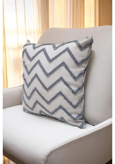Modern Chevron Zigzag Püsküllü Kırlent Kılıfı Gri Renk - 43x43cm Gri