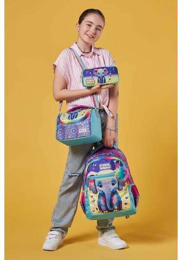 Coral High Kids Pembe Turkuaz Fil Desenli 3 Lü Okul Çanta Seti Set0123650