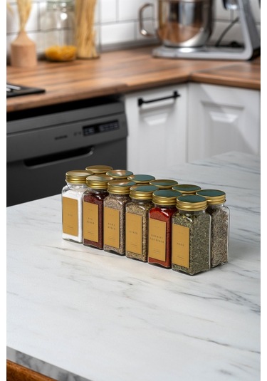 12'li Cam Gold Kapaklı Gold Etiketli 12-li Baharatlık Seti Takımı-mh00gld12 Gold - Şeffaf