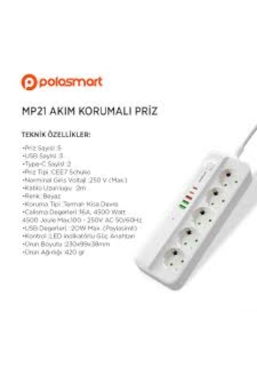 Polosmart Mp21 Akım Korumalı 5'li Priz 3 Usb 2 Typc-c