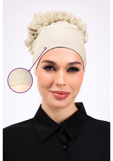 Kaymayan Fırfırlı Silikonlu Dikişsiz Bone Krem - Kaymaz Kadın Tesettür Bağlamalı İç Bone Krem