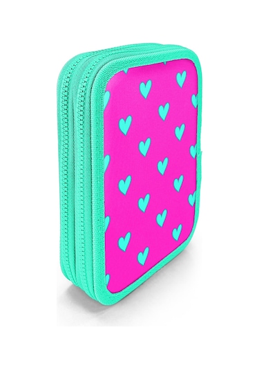 Coral High Kids Neon Pembe Su Yeşili Kalp Desenli Çift Katlı Kalem Çanta 11133 Pembe