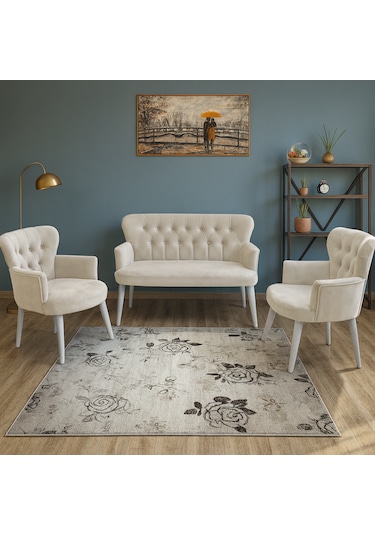 Roma Çay Seti Koltuk Takımı - Babyface Kumaş - Ahşap Ayak - Krem