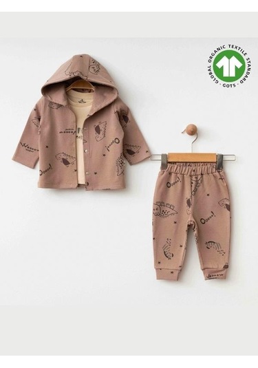 Erkek Bebek Kapüşonlu Dinazor Baskılı 3lü Eşofman Takım-15469 Kahverengi