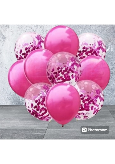 Fuşya Konfetili Şeffaf Metalik Fuşya Balon Seti 10 Adet