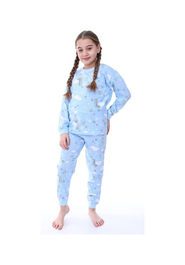 Kız Çocuk Gökkuşağı Desenli Uzun Kollu Pijama Takımı-1076 Mavi