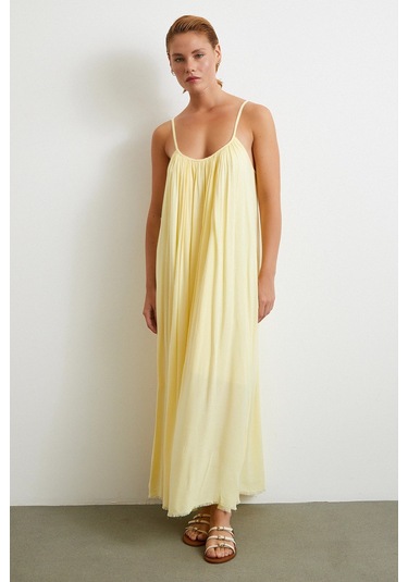 Askılı Piliseli Geniş Elbise Sarı Sarı