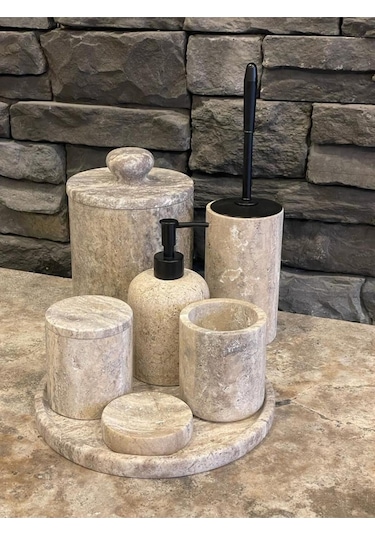 Yeni Silver Gümüş Traverten 7'li Banyo Seti Çöp Kovası Kendinden Tutmalı Kulp Beyaz