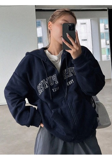 Süper Power Hırka - Lacivert Baskılı Oversize Kapüşonlu Lacivert