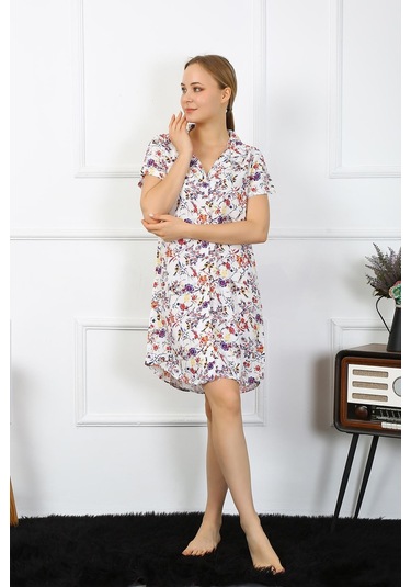 Akbeniz Kadın Penye Kısa Kol Düğmeli Ekru Tunik Gecelik 13104-ekru Ekru