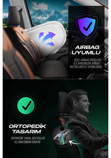 Siyah - Taba Garni Panda Dragon Serisi Dokuma Kumaş Oto Koltuk Kılıfı - Tam Set