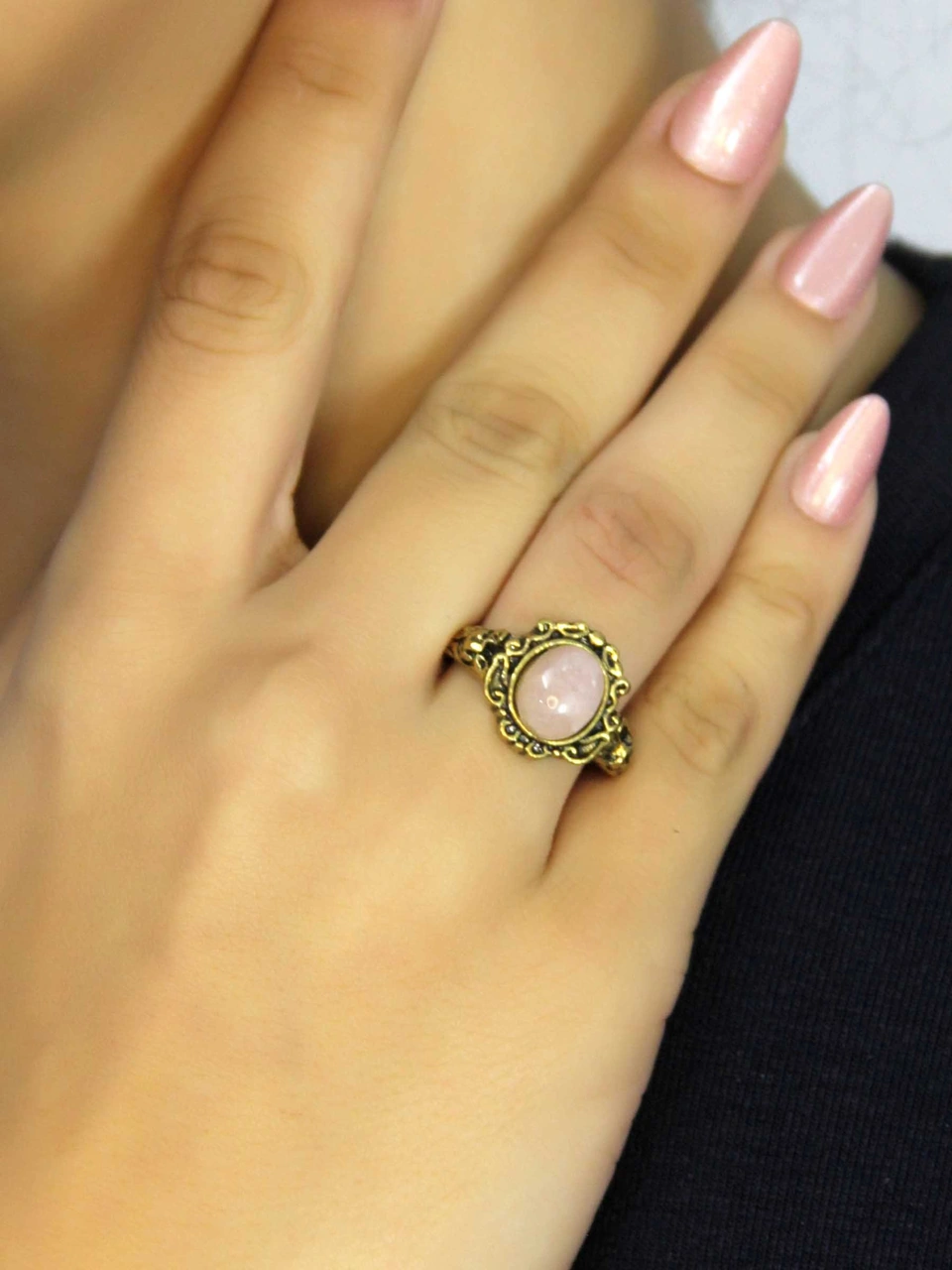 Doğal Taş Pembe Kuvars Taşlı Antik Model Kadın Ayarlanabillir Yüzük Euy80pk Pembe