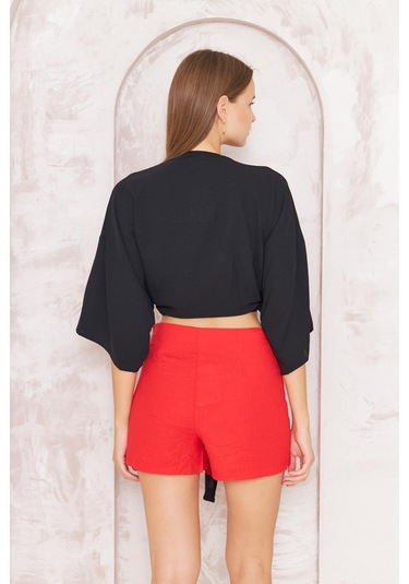 Kadın Kırmızı Drapeli Yırtmaçlı Keten Karışımlı Mini Şort Etek Dm2035 959 Kırmızı