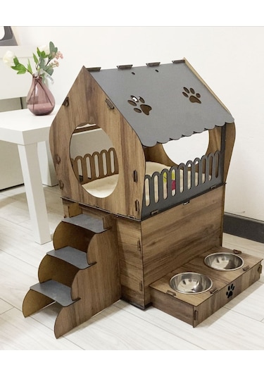 Nursoft Dekoratif Teraslı Kedi Evi ve Mama Kabı Seti 51 x 65 CM