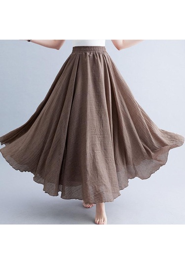 Yaz Sonbahar Kadın Etek Edebi Büyük Boy Pamuk Keten Yarım Etek Elastik Bel Keten A-line Etek Uzun Bölüm Saf Renk Rüzgar Salıncak Etek Haki