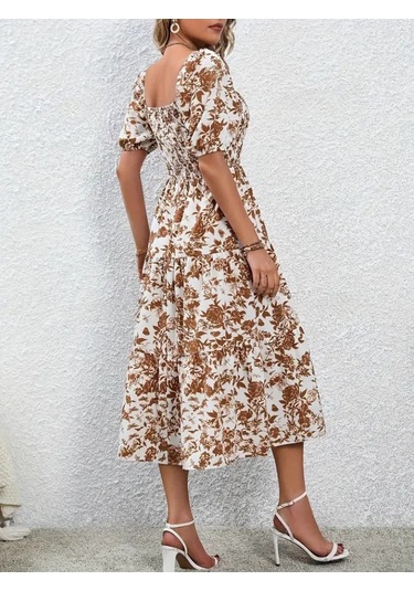 Kadın Kısa Kollu Kare Yakalı Lastikli Desenli Süprem Elbise Kahve