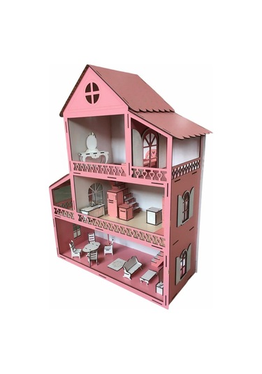 Ahşap Oyun Evi 80Cm 21 Eşya Pembe