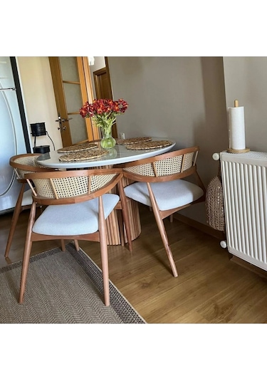 Elor Yuvarlak Ahşap Masa Takımı Bohem 4 Kişilik Mutfak Masa Sandalye Takımı Krem