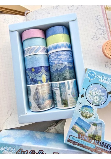 Art Vintage Washi Tape Bant Yapışkanlı Maskeleme Kağıdı Desenli Bant 12'li - Mavi Van Gogh Tabloları 1