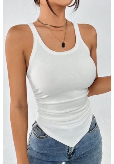 Cool Tarz Kadın Fitilli Atlet Slim Fit Kaşkorse Basic Yazlık Askılı Bluz Beyaz