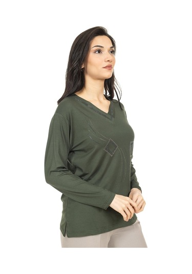 Kadın Orta Yaş Ve Üzeri Yeni Model V Yaka Taş İşlemeli Anne Penye Bluz 30560-haki Yeşili Haki Yeşili