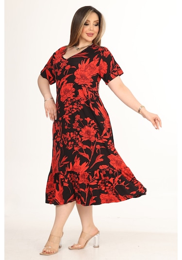 Melsay Butik Göğüsten Robalı V Yaka Kısa Kollu Kırmızı Palmiye Desenli Cepli Elbise Kırmızı