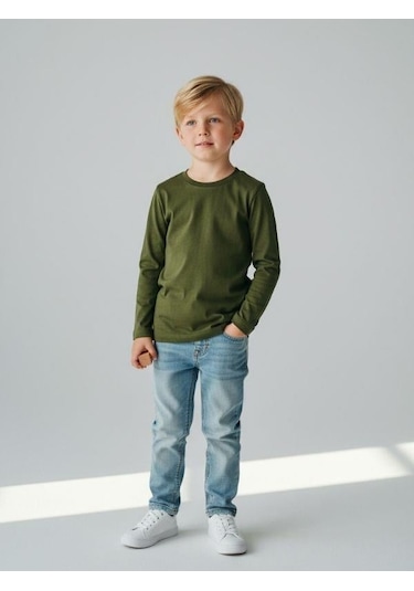 Zekids Erkek Çocuk Pamuklu Uzun Kol Basic T-shirt-16713 Haki