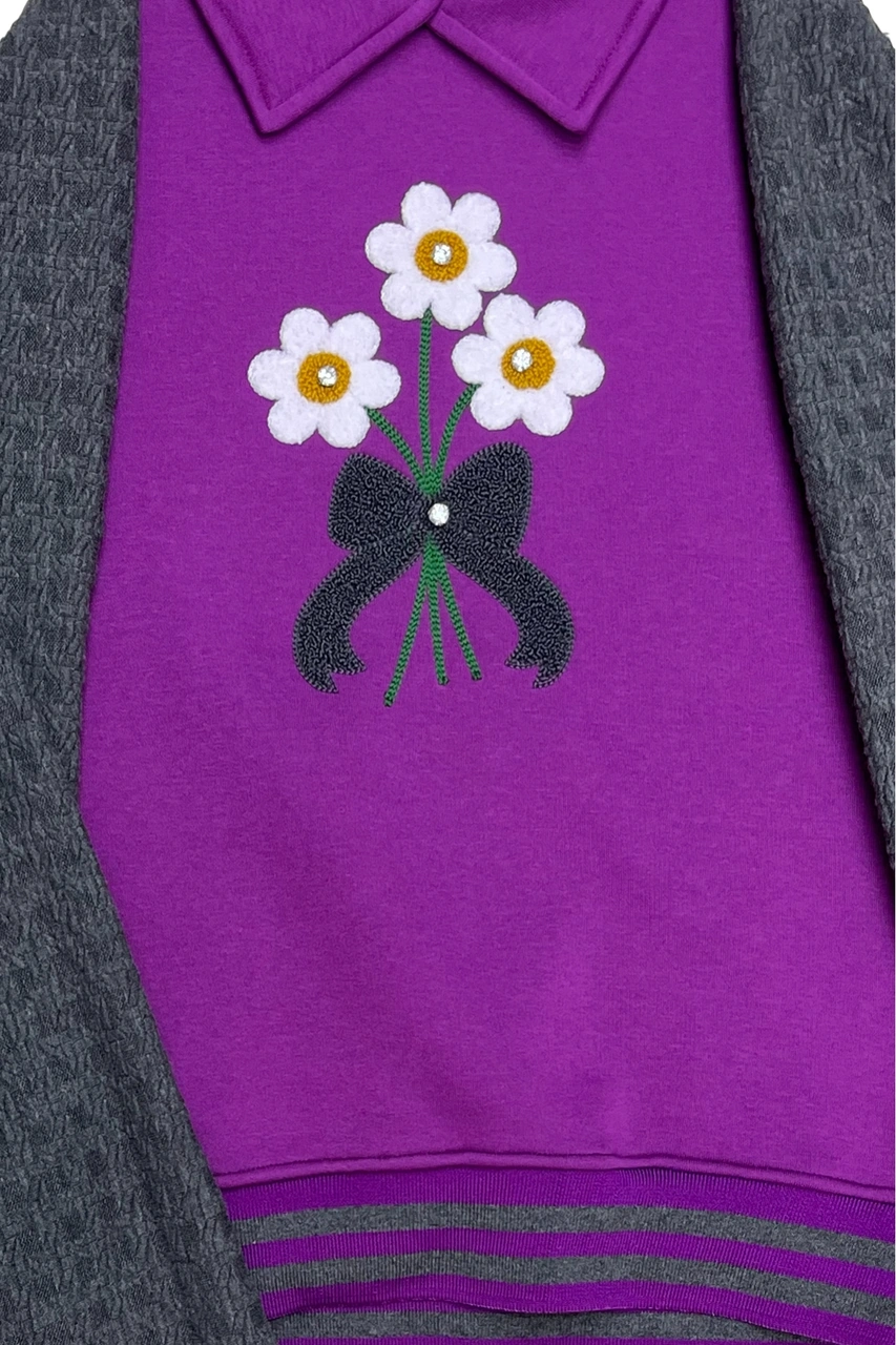 Kız Çocuk Papatya Nakışlı Ribana Detaylı 3 İplik Alt- Üst Takım 12322 Lila