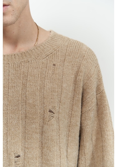 Vincent Yırtık Detay Vizon Erkek Triko Kazak Vizon