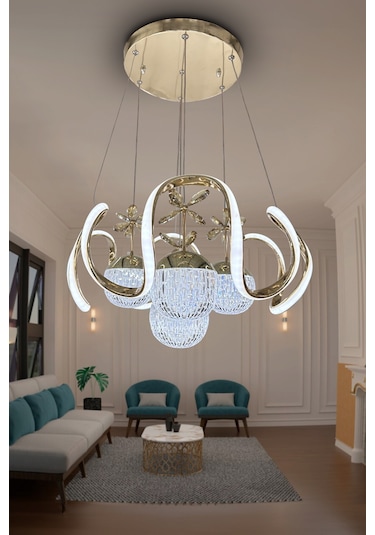 Arya Kristal Cam 4 Top Led Avize - - Kumandasız / Gold Gold