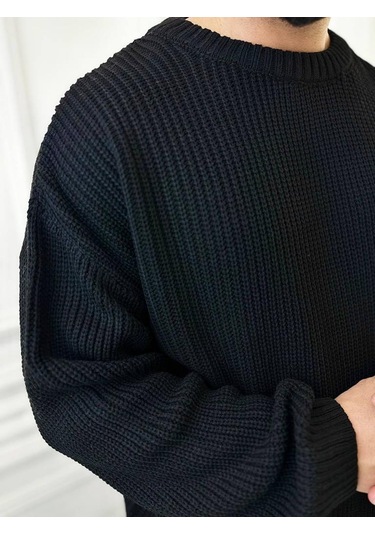 Kazak Oversize Çift Kat Örme Naturel Pamuk Bol Kesim Tüylenmeyen Salaş Triko Kazak Siyah