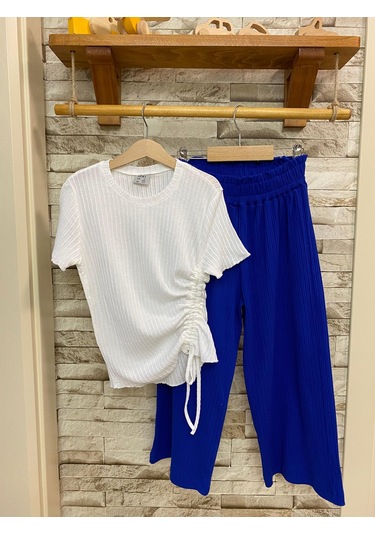 Aysbebe Bağcıklı Bluz + Bol Paça Fitilli Kumaş Pantolon Kız Çocuk Yazlık Takım Beyaz - Mavi 2254
