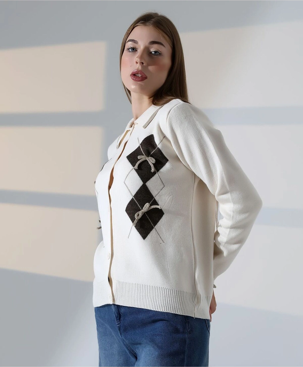 Baklava Desen Polo Yaka Kadın Kazak Taş