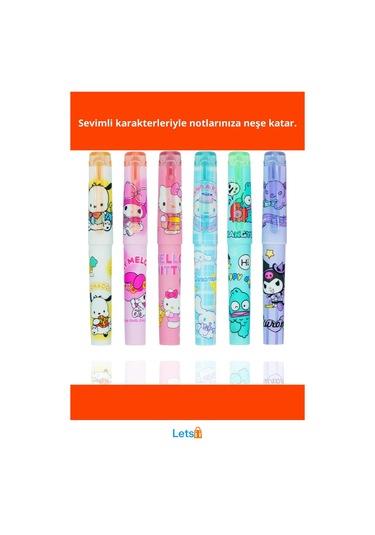 6'lı Fosforlu Kalem Seti Hello Kitty Kuromi Temalı Çok Renkli