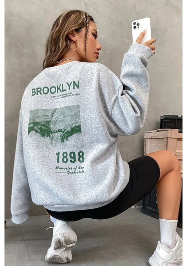 Modagen Unisex Gri Brooklyn 1898 Baskılı Bisiklet Yaka Oversize Sweatshirt Gri