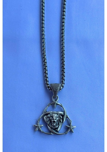 Aslanlı Ay Yıldız El İşçiliği Paslanmaz Çelik Zincir Erkek Kolye Gümüş