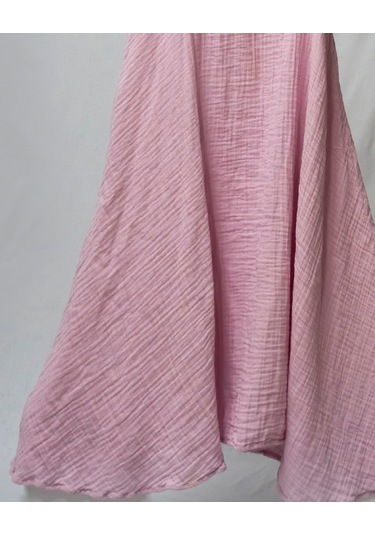 %100 Pamuk Müslin Nefes Alır Kadın Askılı Gecelik Elbise Pijama Rahat, Şık Gots Sertifikalı Açık Pembe