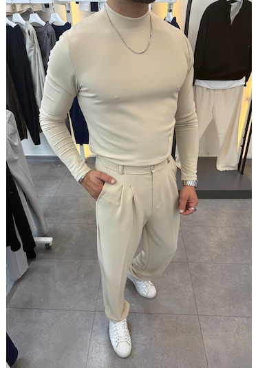 Yarım Balıkçı Pamuk Örme Likralı Esnek Rahat Kumaş Pileli Pantolonlu Takım krem