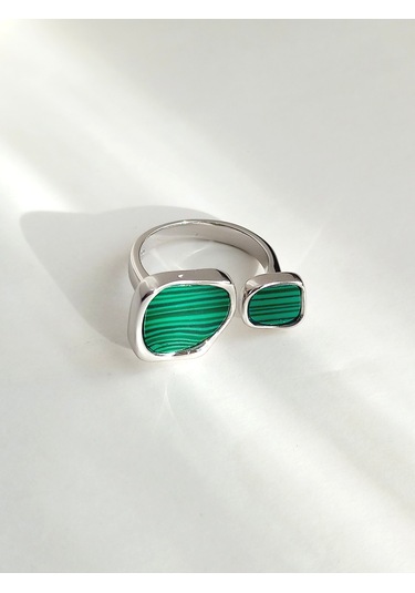Gümüş Yeşil Malahit Taşlı Kare Tasarım Ayarlanabilir Kadın Yüzük