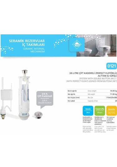 Nkp 3/6 Litre Çift Kademeli Klozet Rezervuar İç Takım 121 Beyaz